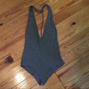 LF halter v cut grey bodysuit